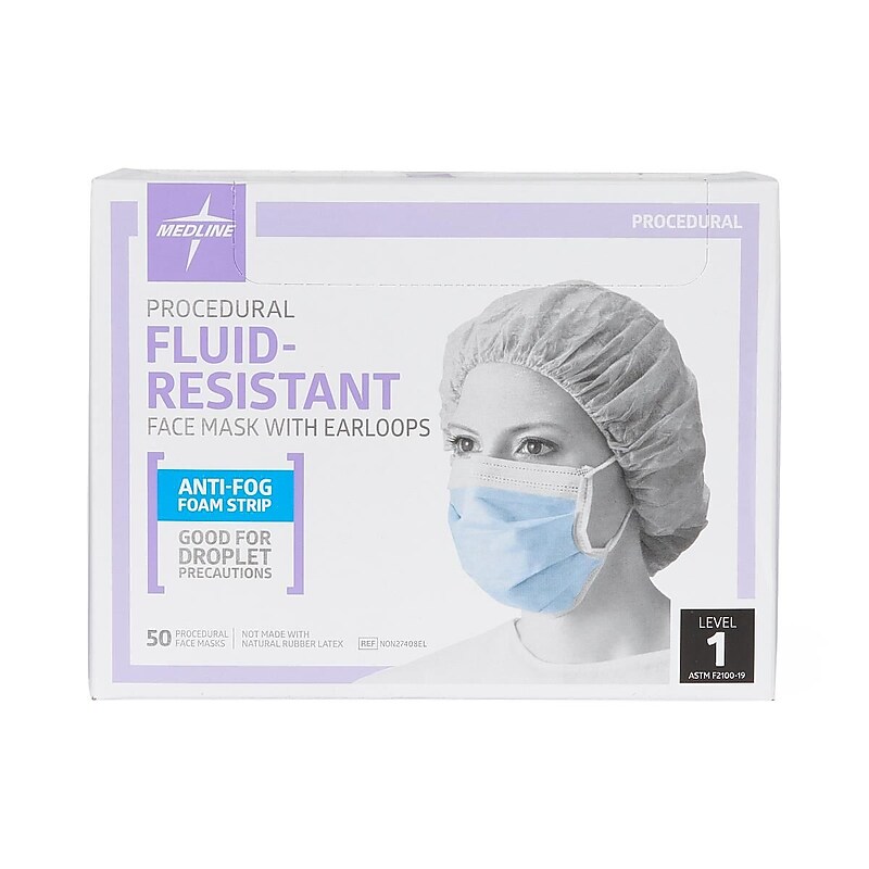 Medline ASTM Level 1 Face Mask with Ear Loops, Anti-Fog, Blue, 50/Box (NON2748ELZ) image 1