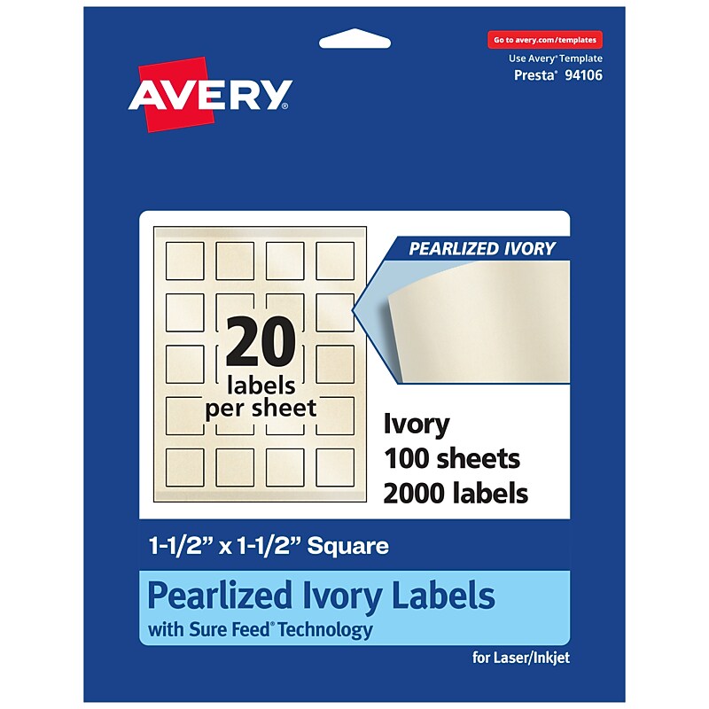 Avery Pearlized Ivory Square Multipurpose Labels, 1.5" x 1.5", Ivory, 2000/Box (94106) image 1