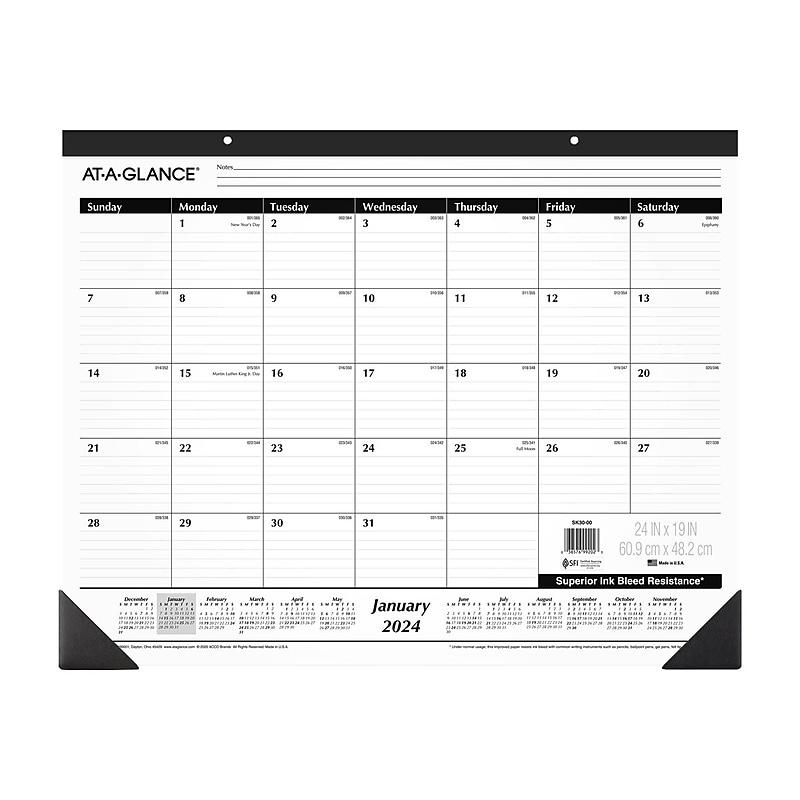 2024 AT-A-GLANCE 24" x 19" Monthly Desk Pad Calendar, White/Black (SK30-00-24) image 1