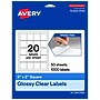 Avery Square Laser/Inkjet Multipurpose Labels, 2" x 2", Clear, 20 Labels/Sheet, 50 Sheets/Pack (19479311177)~#|#~7C6FCCBC-6ADB-4AA0-8397ED3F303CE04F_sc7