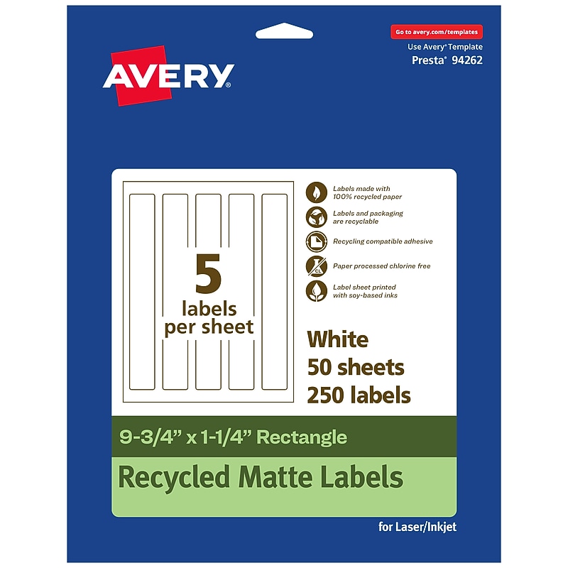 Avery EcoFriendly Rectangle Multipurpose Labels, 9-3/4" x 1-1/4", White, 250/Box (94262) image 1