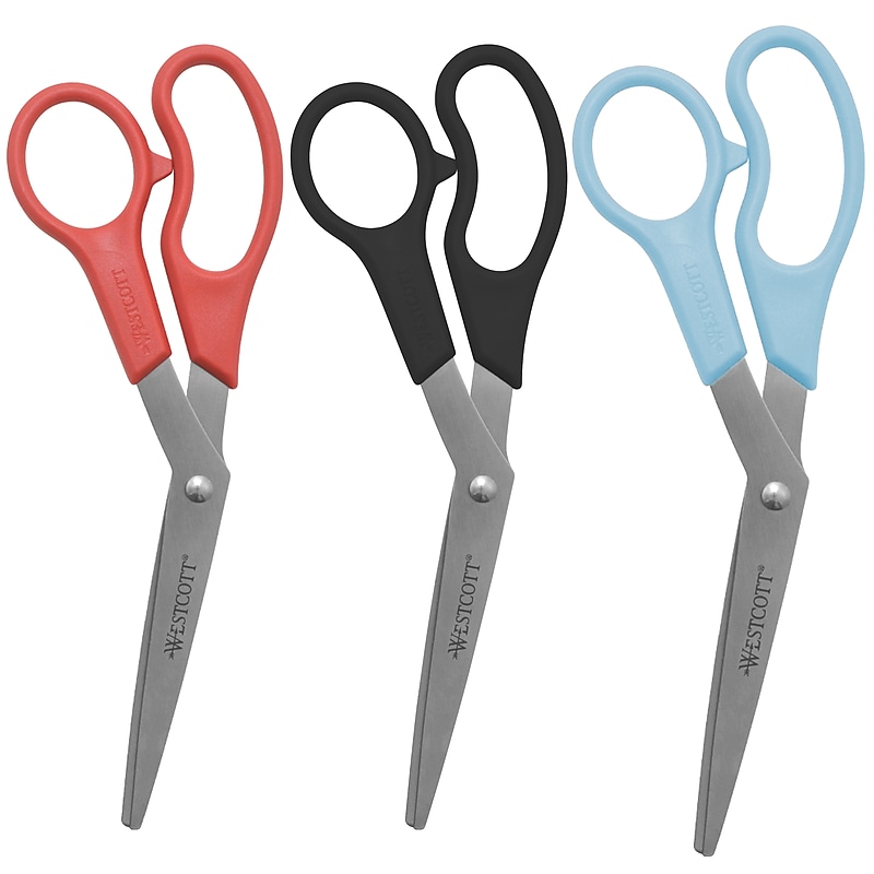 Westcott All Purpose 8" Stainless Steel Standard Scissors, Pointed Tip, Assorted Colors, 3/Pack (13023/13403) image 1