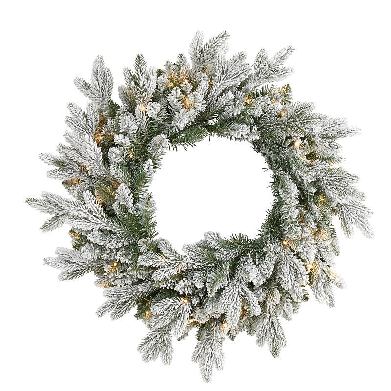 Nearly Natural 24-in Flocked Artificial Christmas Wreath with 50 LED Lights (W1128) image 1
