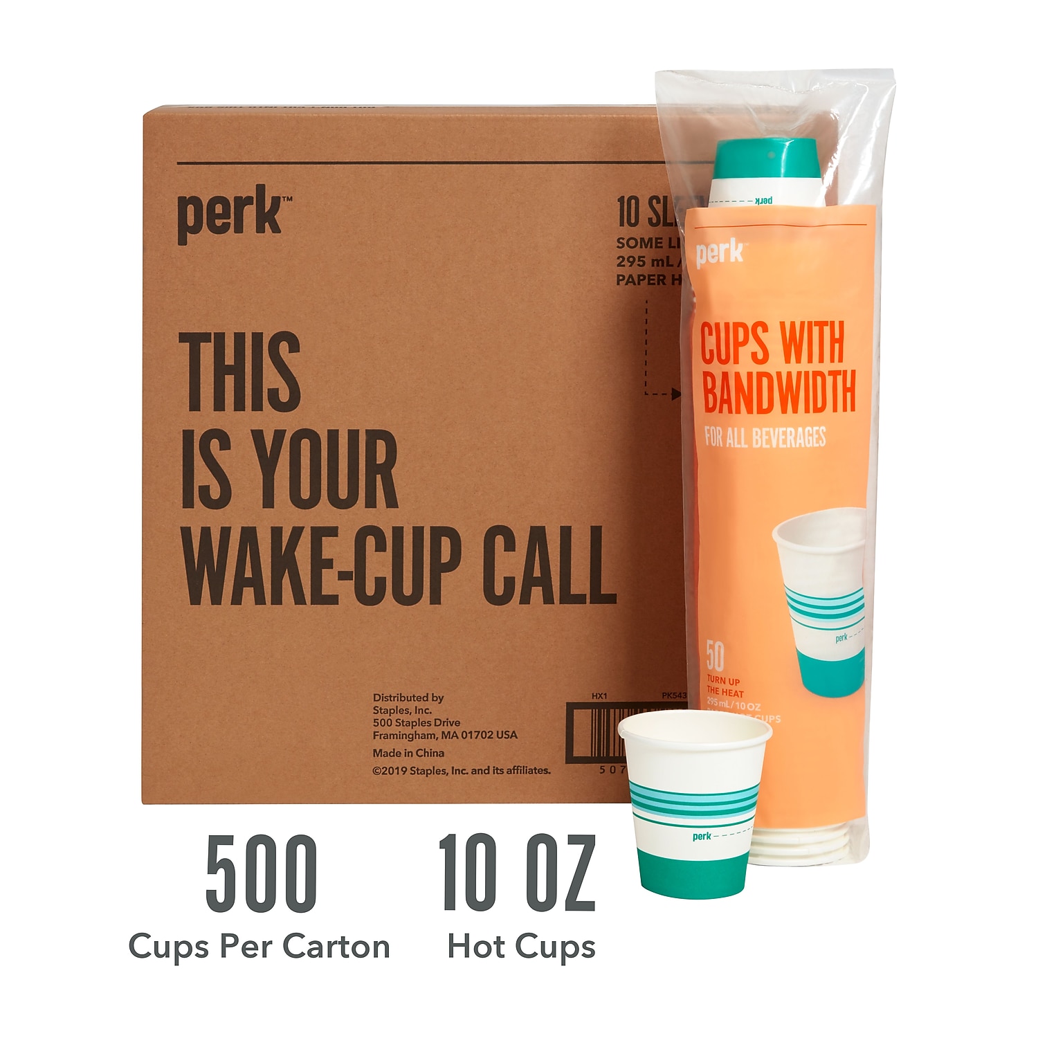 Perk Paper Hot Cup 10 Oz. White/Teal 500/Carton PK54366CT - Picture 2 of 5