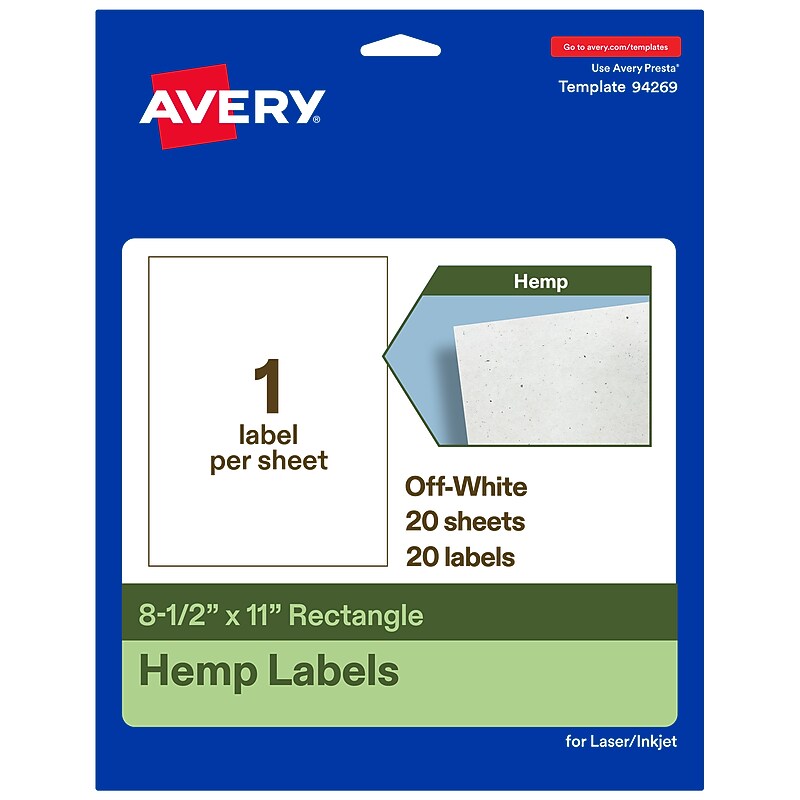 Avery Hemp Rectangle Laser/Inkjet Multipurpose Labels, 8-1/2" x 11", Off-White (20/Pack) image 1
