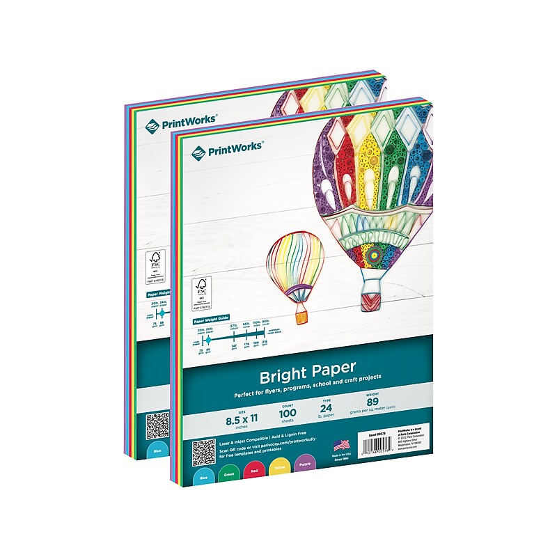 Printworks 8.5" x 11" Colored Paper, 24 lbs., Assorted Bright Colors, 100 Sheets/Ream, 2 Reams/Pack (00576) image 1
