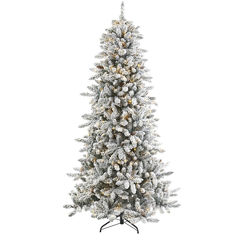Nearly Natural 7.5-ft Flocked Livingston Fir Artificial Christmas Tree with Pine Cones and 500 Clear Warm LED Lights (T1613) image 1