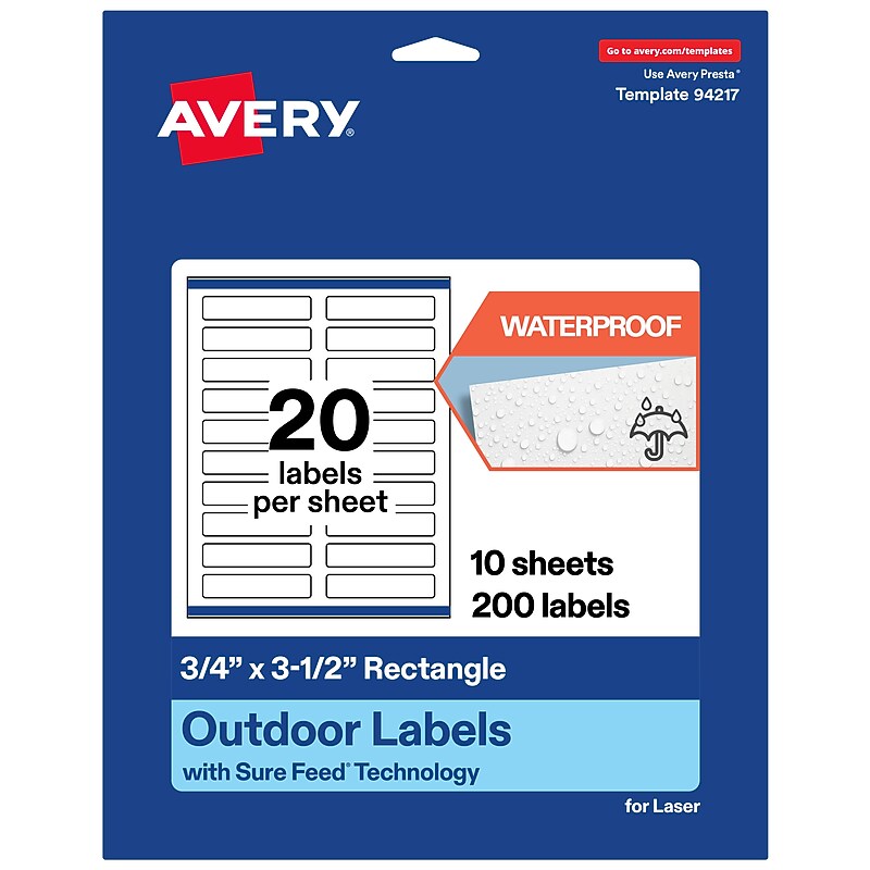 Avery Waterproof Rectangle Laser Multipurpose Labels, 0.75" x 3.5", White, 200/Pack (19479399236) image 1