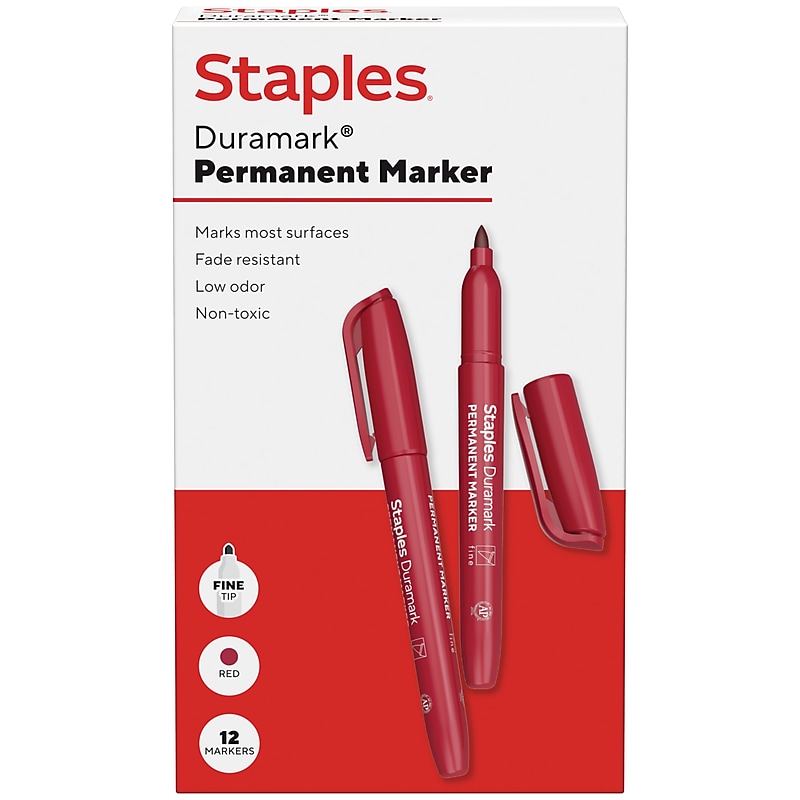Staples Duramark Permanent Marker, Fine Tip, Red, Dozen (ST62951) image 1