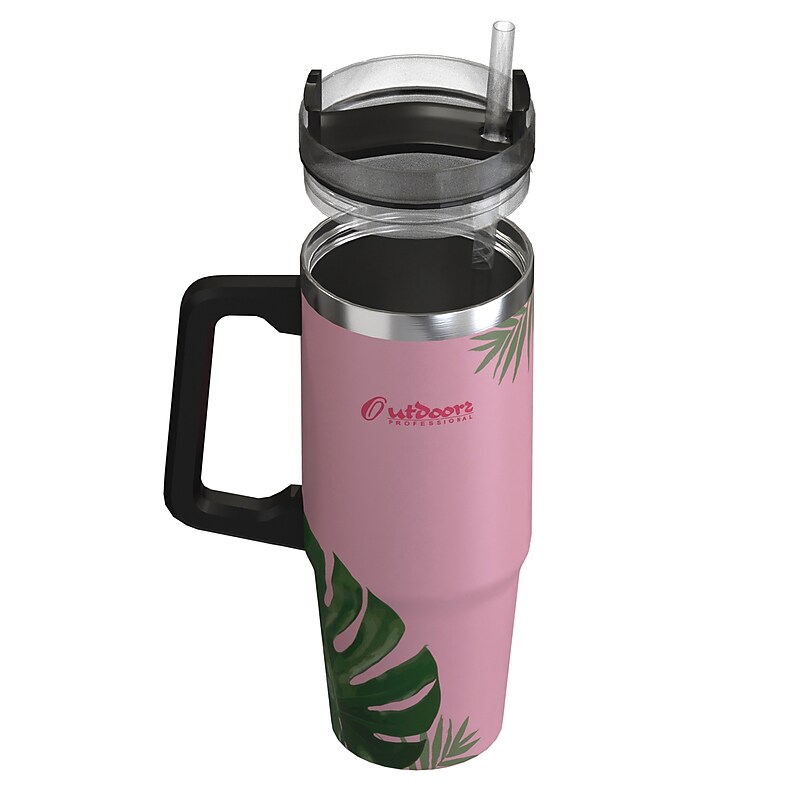 Outdoors Professional Stainless Steel Double-Walled  Tumbler with Straw, 30 oz., Tropical Pink (OUTD9225) image 1
