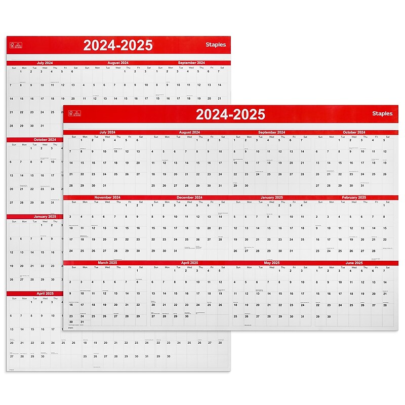 2024-2025 Staples 32" x 48" Academic Yearly Dry-Erase Wall Calendar, Red/White (ST54274-23) image 1
