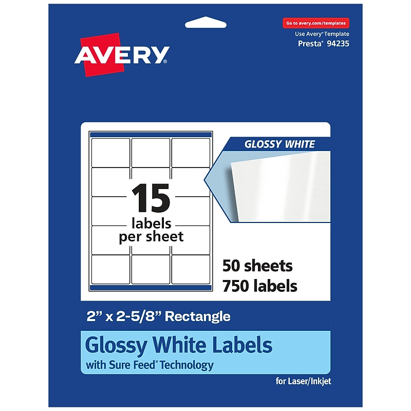 Avery Laser/Inkjet Rectangle Multipurpose Labels, 2.625"  x 2", Glossy White, 750/Box (94235) image 1
