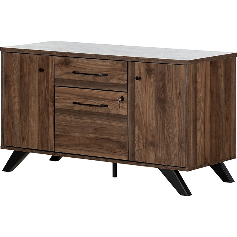 South Shore Helsy 26.75" 2-Drawer Storage Credenza with 4 Shelves, Natural Walnut (13310) image 1