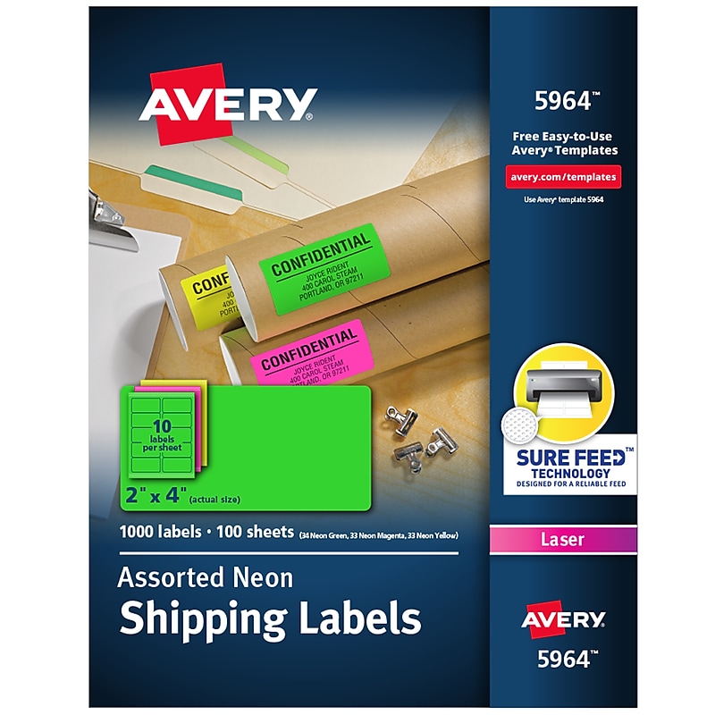 Avery Sure Feed Laser Shipping Labels, 2"x 4", Neon Assorted, 1,000 Labels/Box (5964) image 1