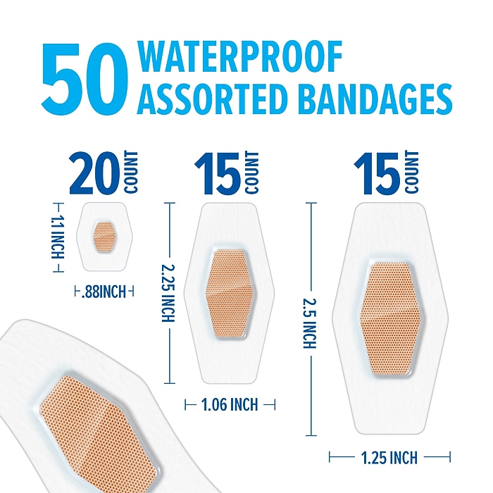 Nexcare Waterproof Ahesive Bandages, AssortedSized, Clear, 50/Box
