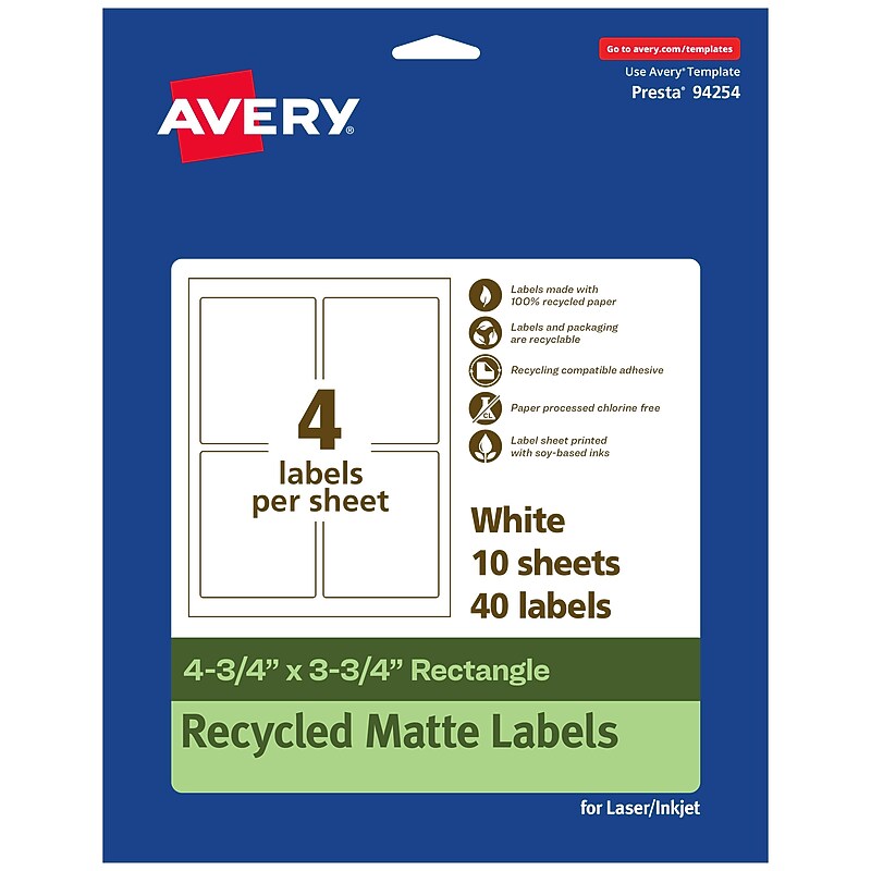 Avery EcoFriendly Laser/Inkjet Rectangle Multipurpose Labels, 4-3/4" x 3-3/4", White, 40/Pack (94254) image 1
