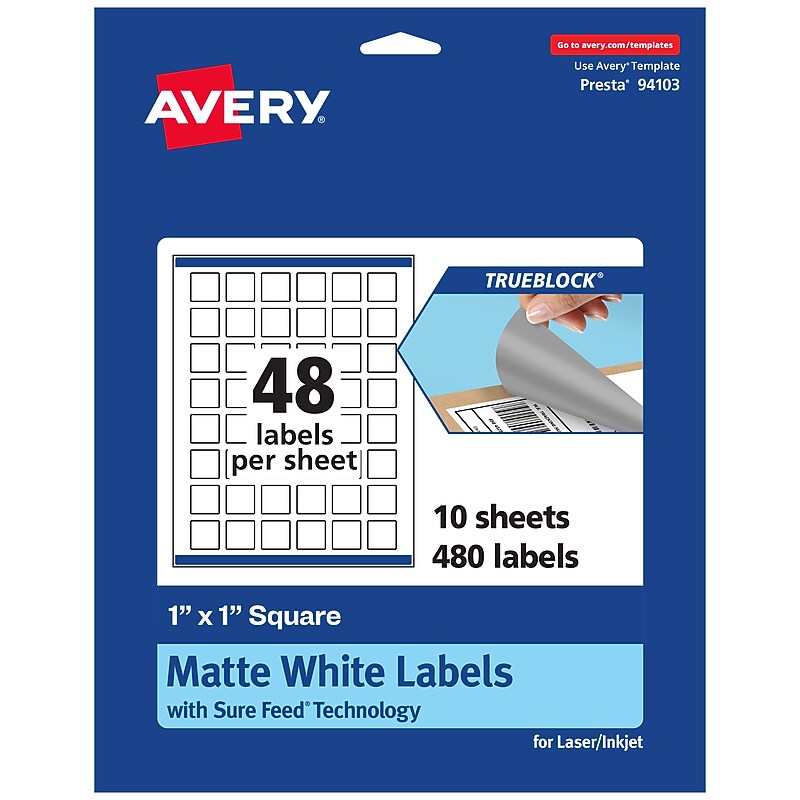 Avery TrueBlock Laser/Inkjet Multipurpose Labels,  1" x 1", White, 48 Labels/Sheet, 10 Sheets/Pack (94103-TWMP10) image 1