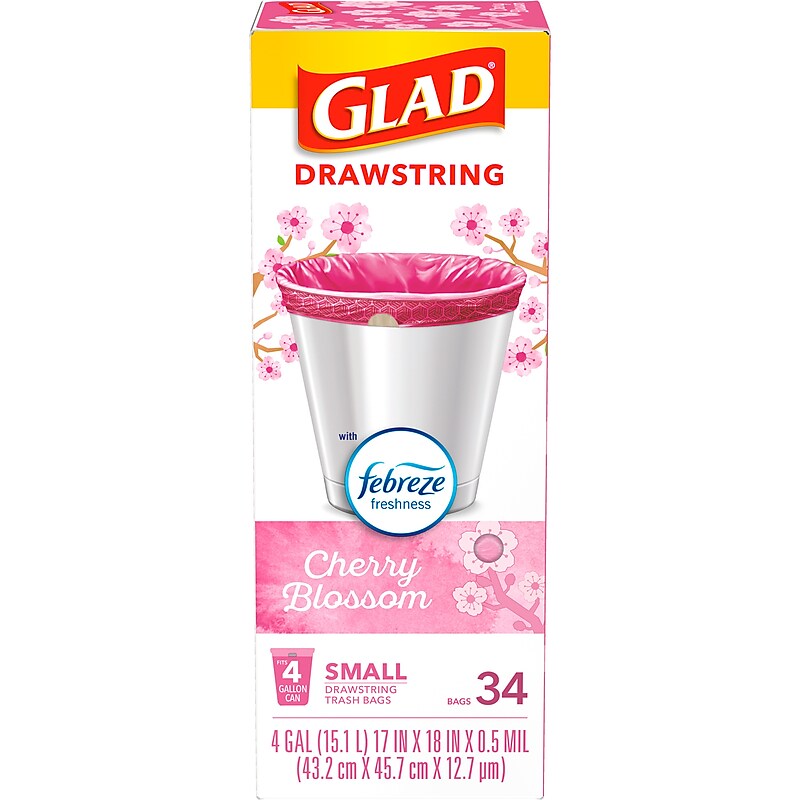 Glad Odorshield 4 Gallon Drawstring Kitchen Trash Bag, Febreeze Cherry Blossom, Pink, 34 Bags/Box (79274) image 1