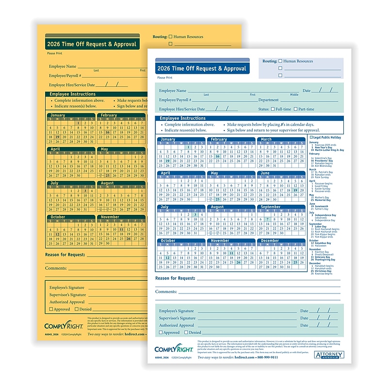 ComplyRight 2026 Time Off Request and Approval Form, 2-Part, 50 Forms/Pack (A0045) image 1