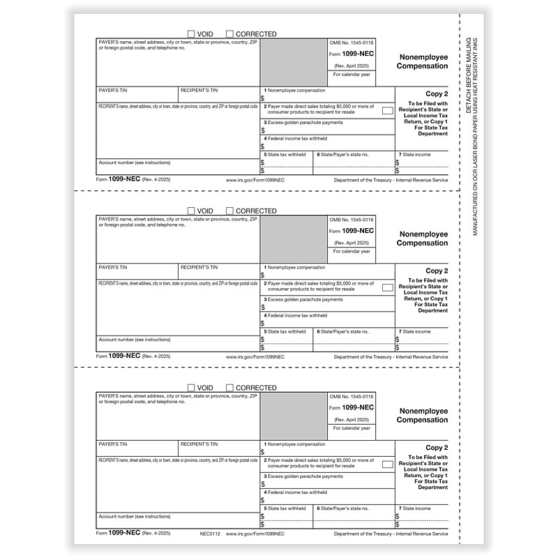 ComplyRight 2025 1099-NEC Tax Form, 1-Part, 3-Up, Payer Copy C, 50/Pack (NEC511250) image 1