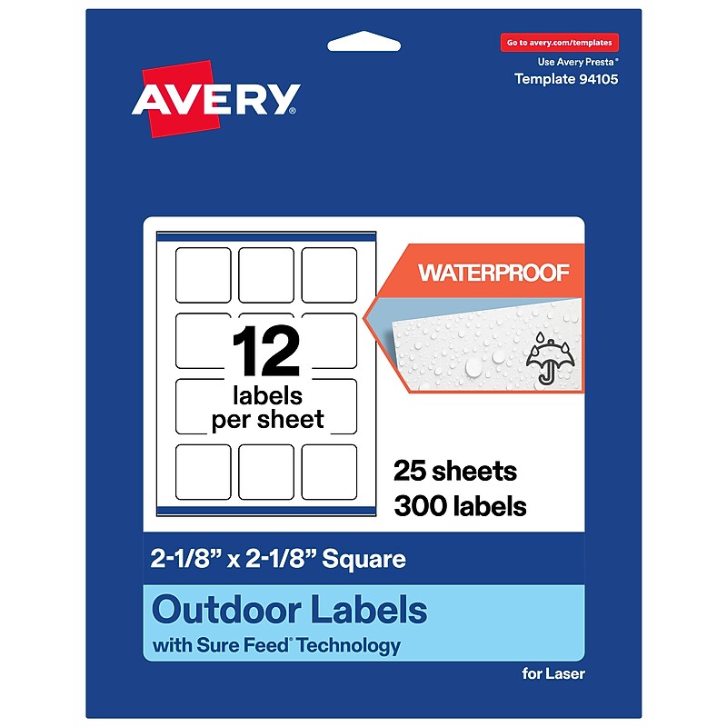 Avery Waterproof Square Laser Multipurpose Labels, 2-1/8" x 2-1/8", White, 300/Pack (19479399477) image 1