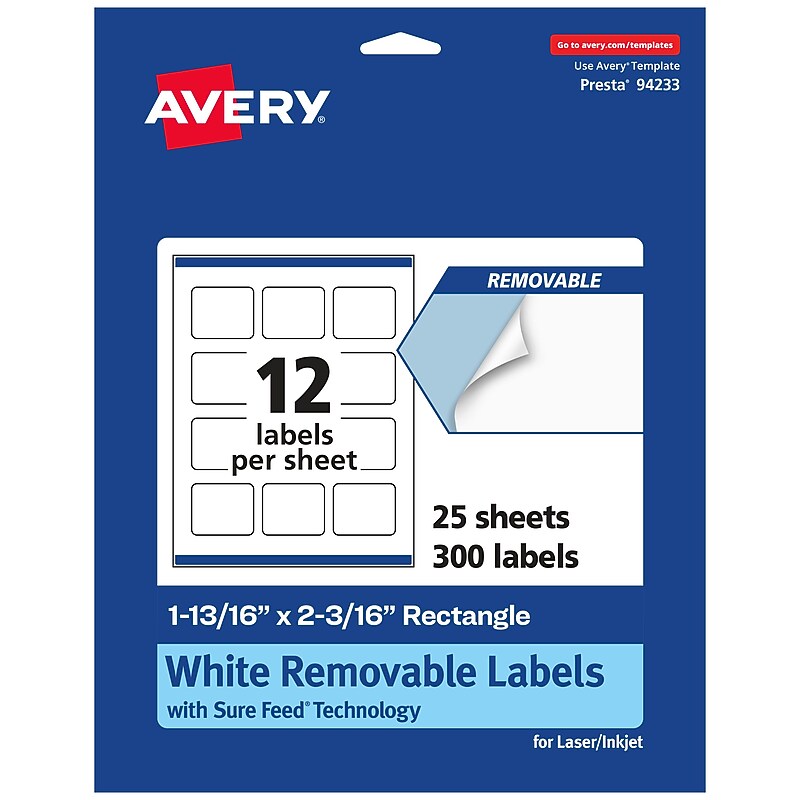 Avery Laser/Inkjet Rectangle Multipurpose Labels, 1-13/16" x 2-3/16", White, 300 Labels/Pack (94233) image 1