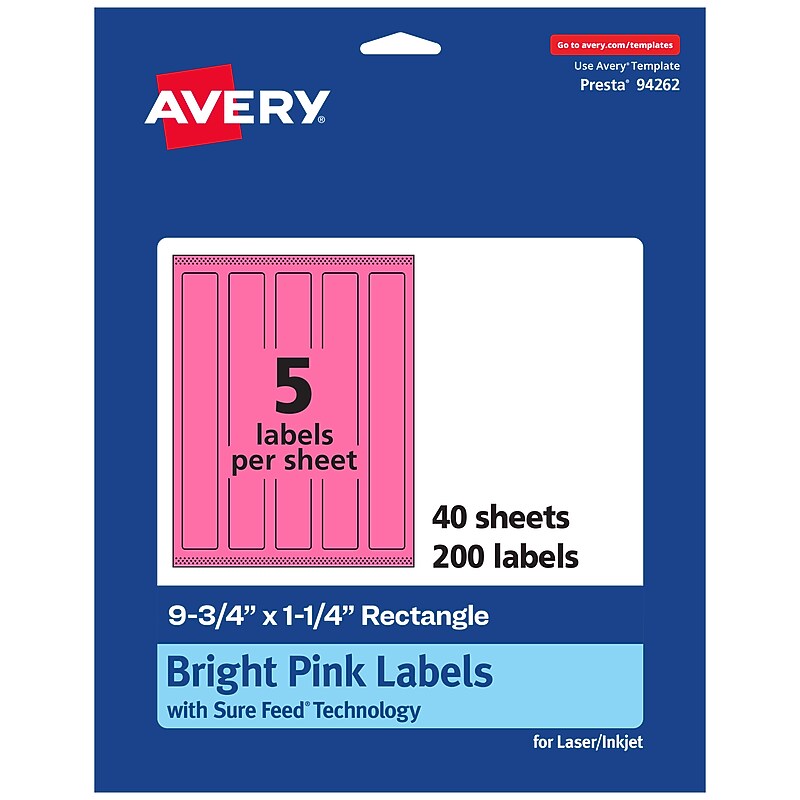Avery Laser/Inkjet Rectangle Multipurpose Labels, 9.75" x 1.25", Bright Pink, 200/Pack (94262) image 1
