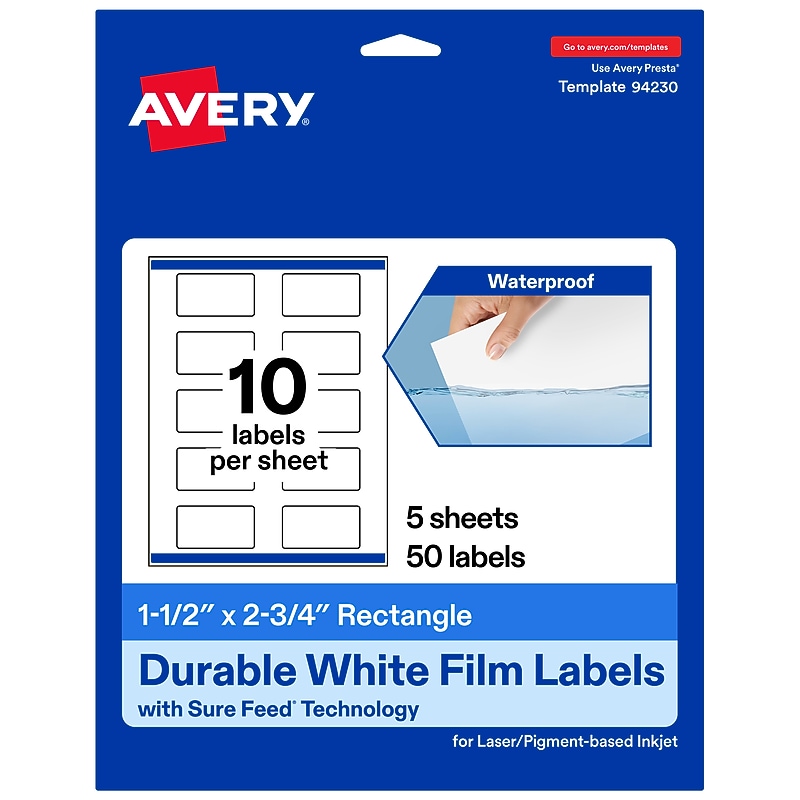 Avery Laser/Inkjet Waterproof Multipurpose Rectangle Labels, 1.5" x 2.75", White, 50 Labels/Pack (94230) image 1