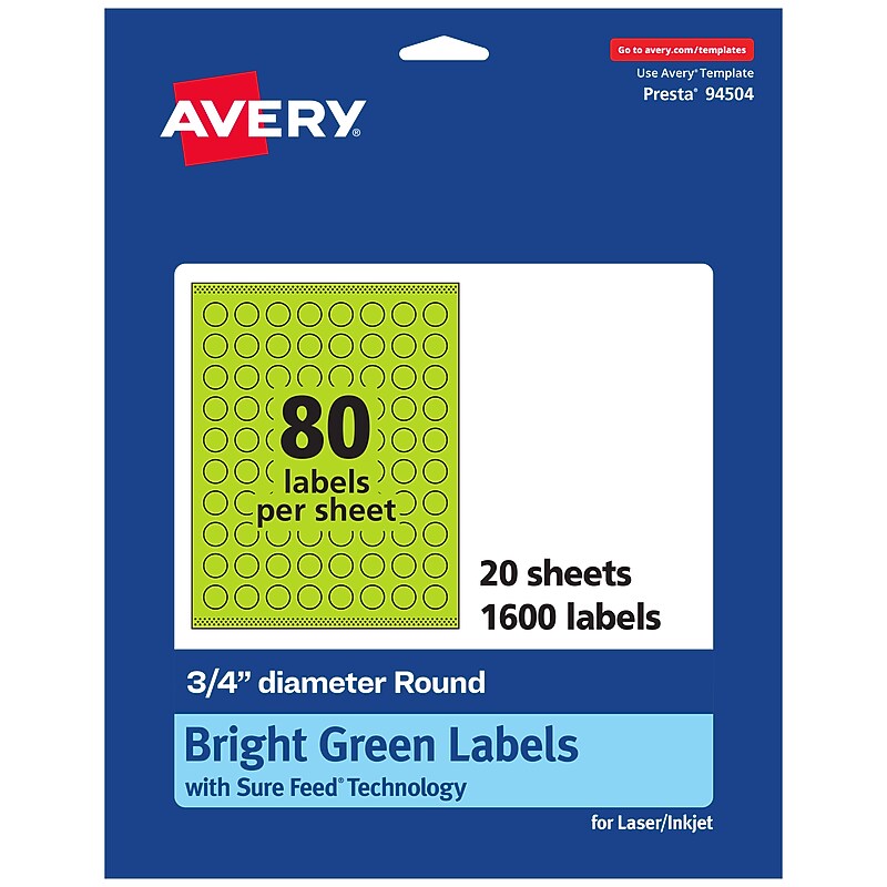Avery Laser/Inkjet Multipurpose Circle Labels, 0.75" Dia., Bright Green, 1600/Pack (94504) image 1