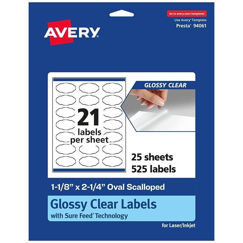 Avery Laser/Inkjet Multipurpose Labels, 2.25" x ", Glossy Clear, 525/Pack (94061) image 1