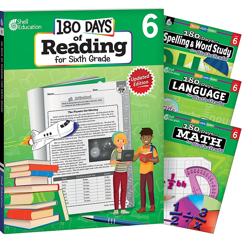 Shell Education 180 Days of Reading, Spelling, Language & Math, Grade 6, Workbook, 4/Set (SEP147640) image 1