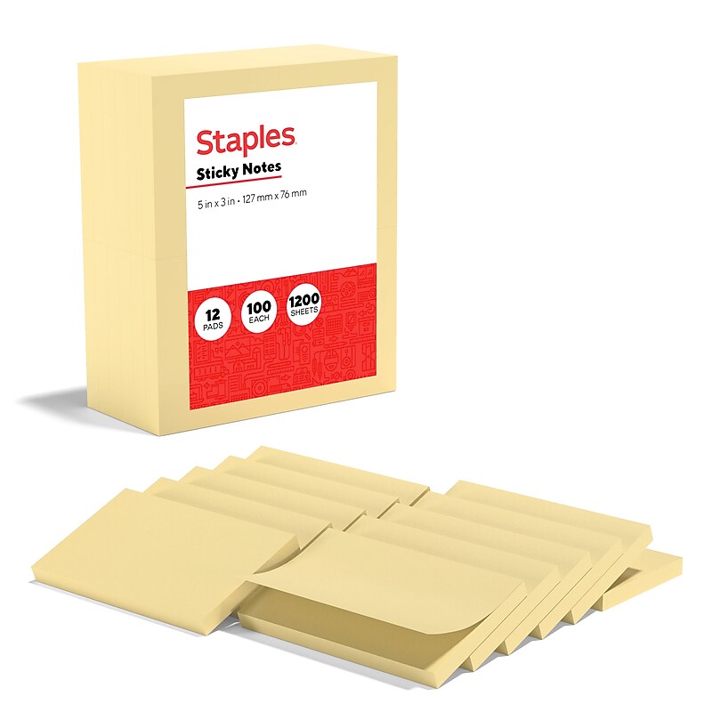 Staples Recycled Sticky Notes, 3" x 5", Sunshine Collection, 100 Sheets/Pad, 12 Pads/Pack (S-35YR12/52571) image 1