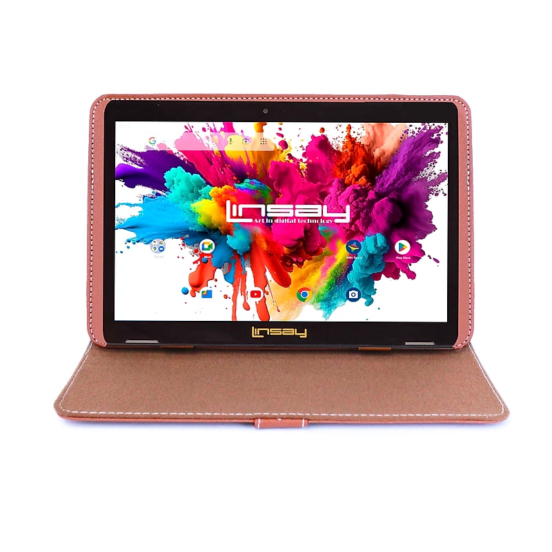 Linsay Octa Core 10.1" Tablet, 4GB RAM, 128GB Storage, Android 13, Bundled with Brown Leather Case and Stylus Pen image 1