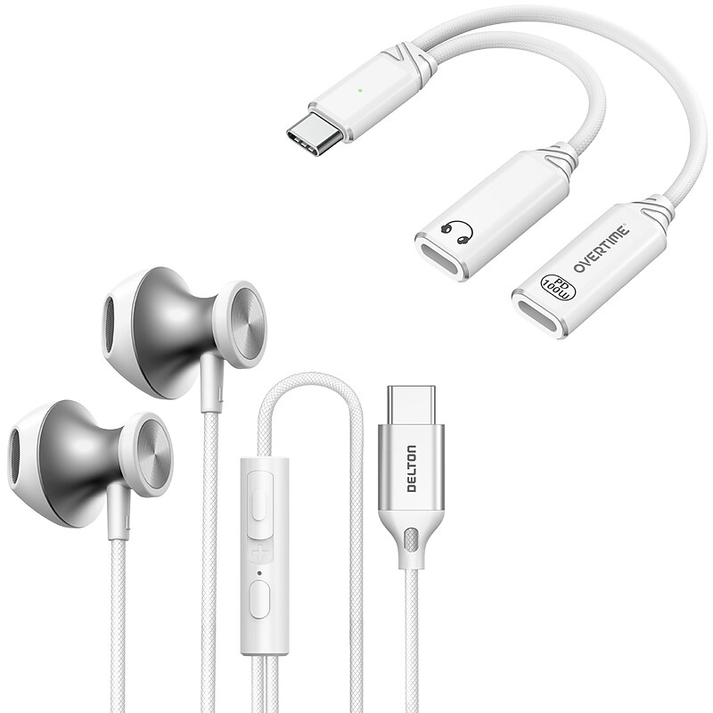 Delton 15EC Wired Earbuds & 2-in-1 USB-C Splitter Adapter Bundle, White (DWH15ECWHKT1) image 1