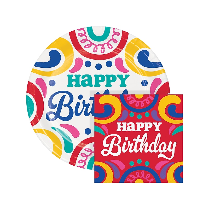 Creative Converting Swirls Birthday Plates and Napkins Kit, Assorted Colors (DTC9126E2G) image 1