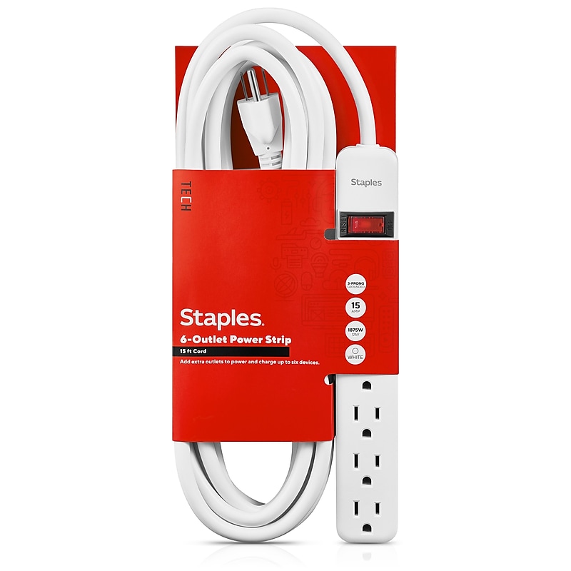 Staples TECH 6-Outlet Power Strip, 15' Cord, White (17649) image 1