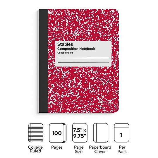 STAPLES Composition Notebook, 9.75” x 7.5”, College Ruled, 100 Sheets, Red~#|#~7E2D5B4F-E322-43E2-B38066393737FA72_sc7