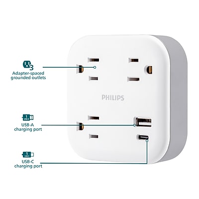 Philips Elite 3-Outlet Surge Tap with USB, 980J, 1 USB-A, 1 USB-C, 12W, White (SPP9393W/37) Sansujyuku sansujyuku.com
