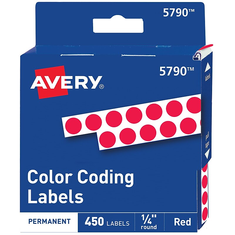 Avery Color-Coding Labels in Dispenser, 1/4" Dia, Red, 450 Stickers/Pack (5790) image 1