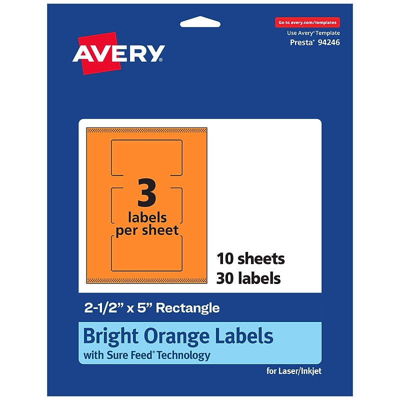 Avery Laser/Inkjet Multipurpose Rectangle Labels, 2.5" x 5", Bright Orange, 30/Pack (94246) image 1