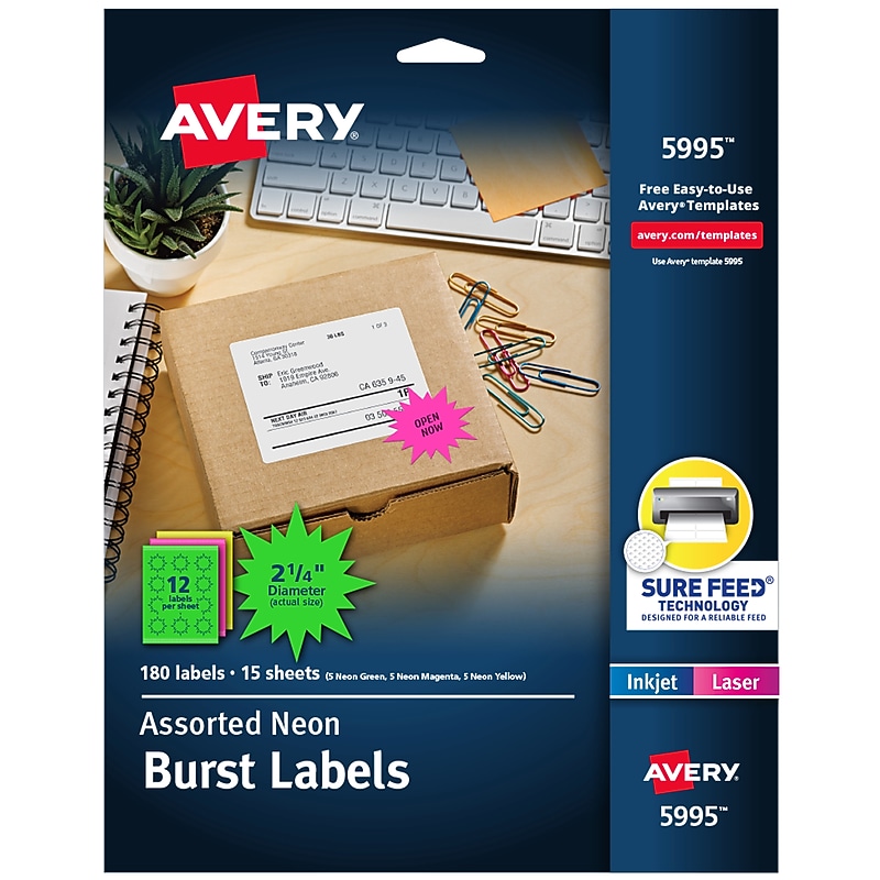 Avery Sure Feed Laser Burst Label, 2 1/4" Dia, Assorted Neon, 180 Labels/Pack (5995) image 1