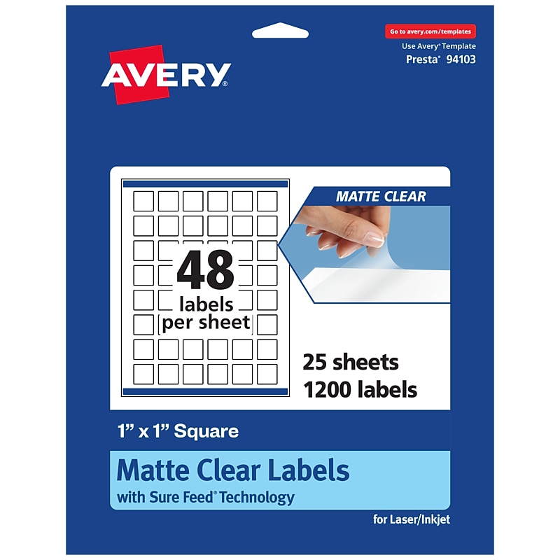 Avery Laser/Inkjet Square Multipurpose Labels, 1" x 1", Clear, 1200/Pack (94103) image 1