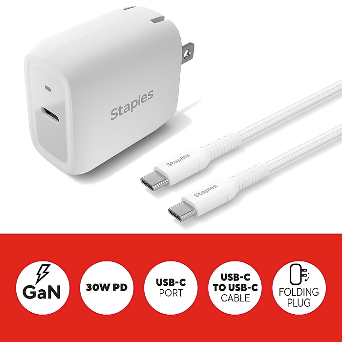 Staples TECH GaN USB-C Wall Charger with Cable, 30W, White