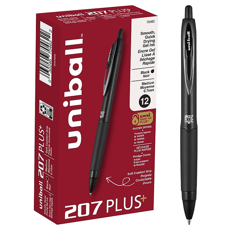 uni-ball 207 Plus+ Retractable Gel Pens, Medium Point, 0.7mm, Black Ink, 12/Pack (70462) image 1