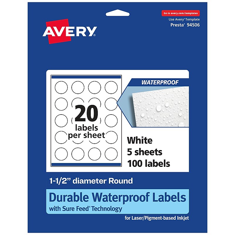 Avery Laser/Inkjet  Round Multipurpose Labels, 1.5" Dia., White, 100 Labels/Pack (94506) image 1