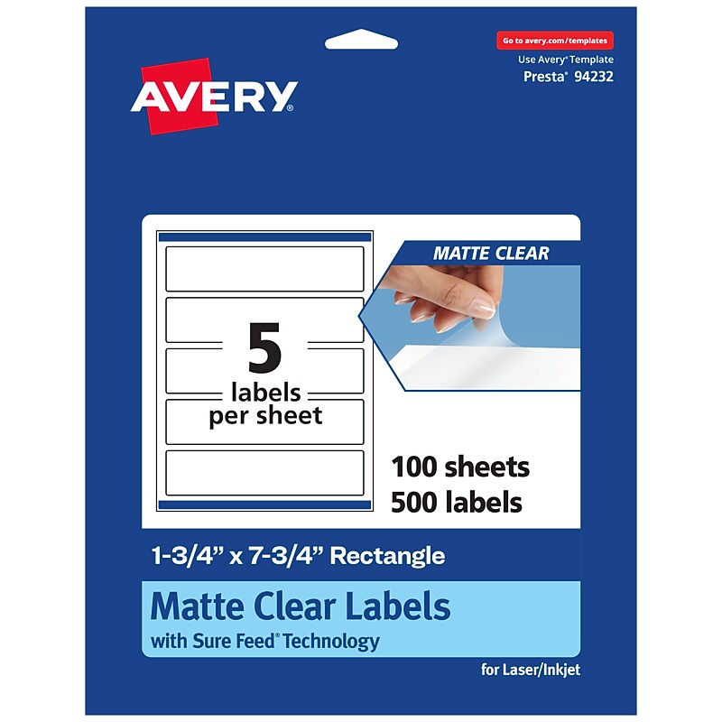 Avery Laser/Inkjet Rectangle Multipurpose Labels, 1-3/4" x 7-3/4", Clear, 500/Box (94232) image 1