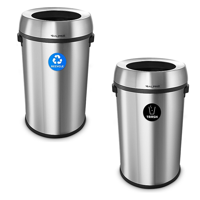Alpine Industries Stainless Steel Recycling Bin and Trash Can with Open Lid, 34 Gallon, Silver, 2/Pack (ALP470-65L-R-T) image 1