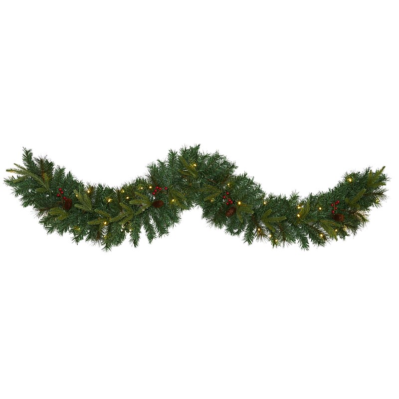 Nearly Natural 6' Mixed Pine Artificial Christmas Garland with 35 Clear LED Lights, Berries and Pinecones (W1108) image 1