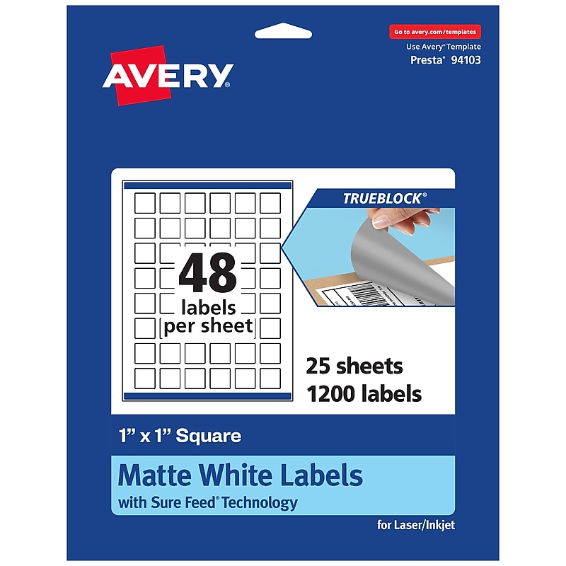 Avery TrueBlock Laser/Inkjet Multipurpose Square Labels, 1" x 1", White, 1200 Labels/Pack (94103) image 1