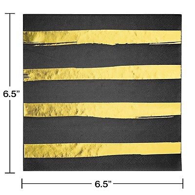 Creative Converting Black and Gold Foil Striped Paper Napkins - Thumbnail 2